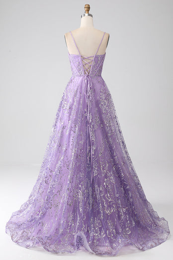 A-Line Spaghetti Straps Lilac Corset Prom Dress with Sequins