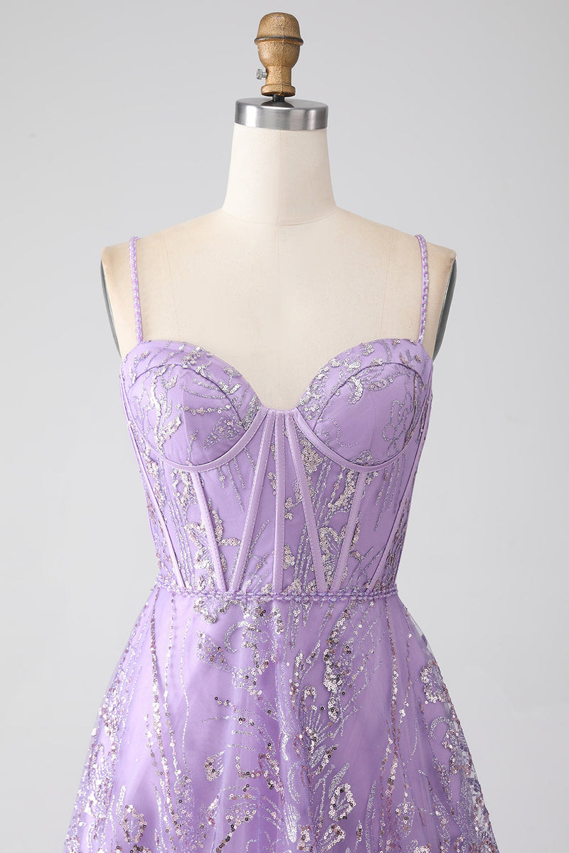 Load image into Gallery viewer, A-Line Spaghetti Straps Lilac Corset Prom Dress with Sequins
