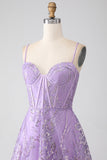 A-Line Spaghetti Straps Lilac Corset Prom Dress with Sequins