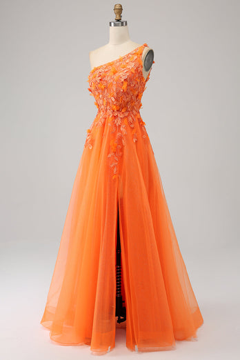Orange One Shoulder A-Line Tulle Long Prom Dress with Appliques