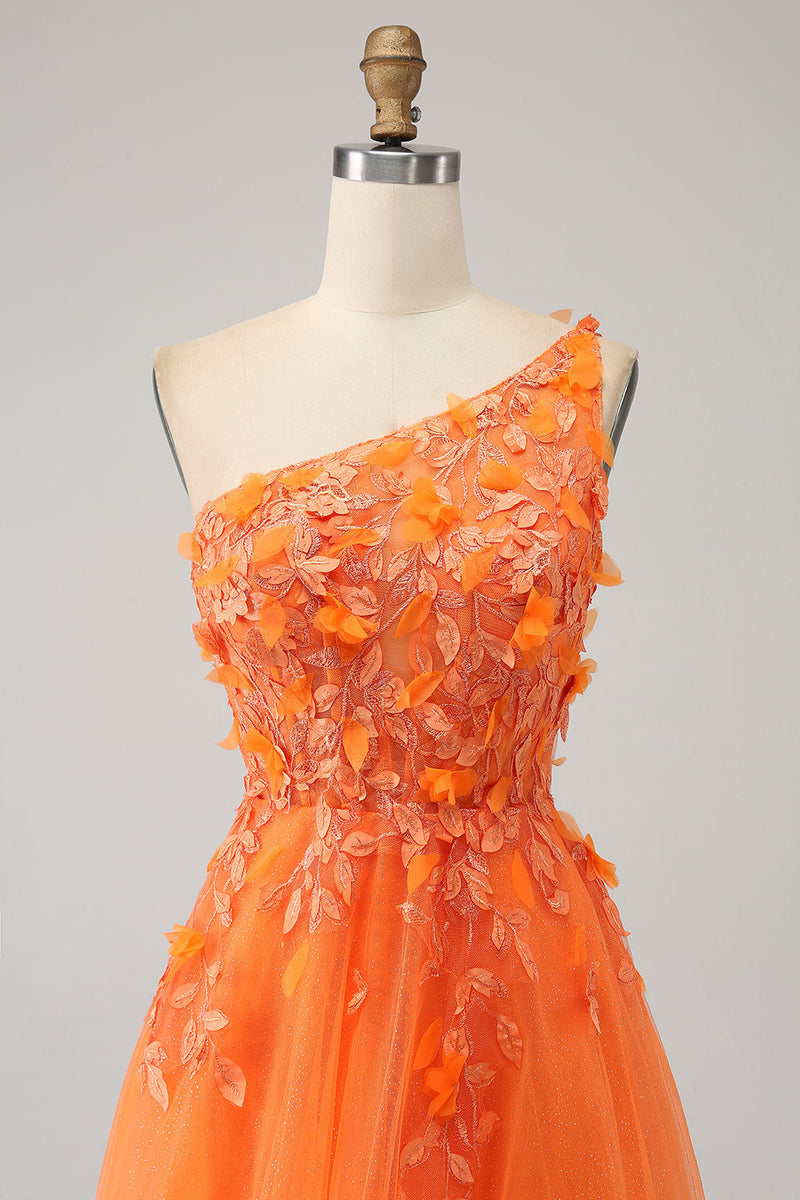 Load image into Gallery viewer, Orange One Shoulder A-Line Tulle Long Prom Dress with Appliques
