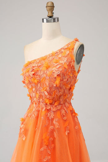 Orange One Shoulder A-Line Tulle Long Prom Dress with Appliques