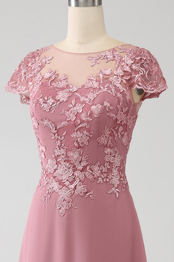 Dusty Rose A-Line Scoop Illusion Tea-Length Mother of the Bride Dress With Sequins