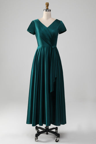 Peacock Satin V-neck A-line Pleated Mother of the Bride Dress