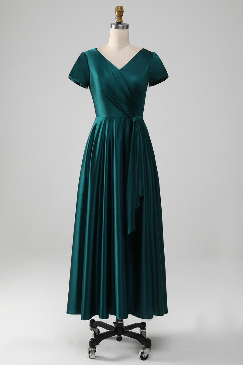 Load image into Gallery viewer, Peacock Satin V-neck A-line Pleated Mother of the Bride Dress