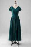 Peacock Satin V-neck A-line Pleated Mother of the Bride Dress