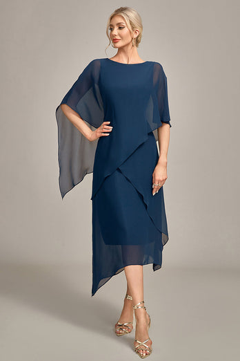 Navy Chiffon A-line Scoop Neck Mother of the Bride Dress