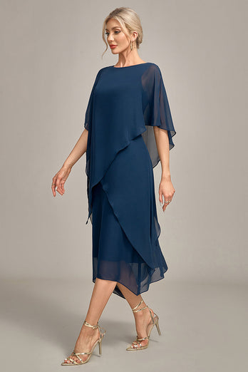 Navy Chiffon A-line Scoop Neck Mother of the Bride Dress