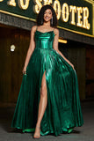 Sparkly A-line Dark Green Corset Prom Dress with Slit