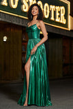 Sparkly A-line Dark Green Corset Prom Dress with Slit