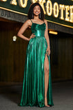 Sparkly A-line Dark Green Corset Prom Dress with Slit