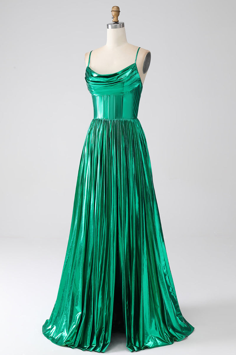 Load image into Gallery viewer, A-line Dark Green Corset Prom Dress with Slit