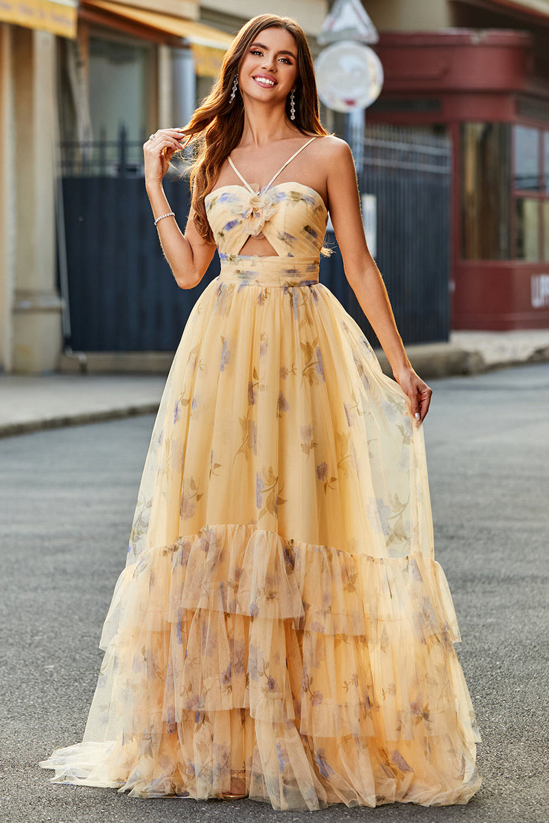 Load image into Gallery viewer, Yellow A-Line Halter Pleated Tulle Tiered Long Prom Dress With Embroidery