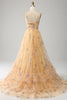 Load image into Gallery viewer, Yellow A-Line Halter Pleated Tulle Tiered Prom Dress With Embroidery