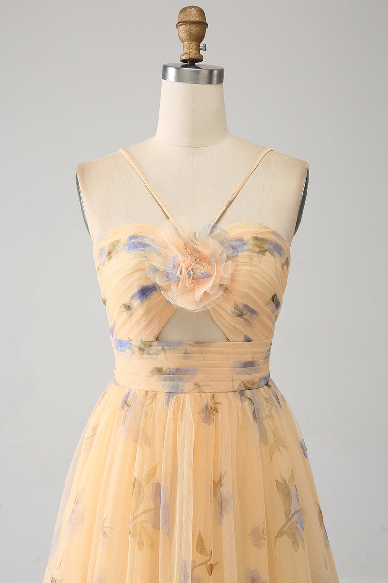 Load image into Gallery viewer, Yellow A-Line Halter Pleated Tulle Tiered Prom Dress With Embroidery
