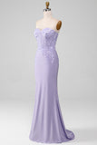 Lilac Sheath Strapless Corset Prom Dresses With Lace Appliques