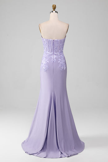 Lilac Sheath Strapless Corset Prom Dresses With Lace Appliques