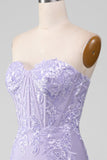 Lilac Sheath Strapless Corset Prom Dresses With Lace Appliques