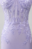 Lilac Sheath Strapless Corset Prom Dresses With Lace Appliques