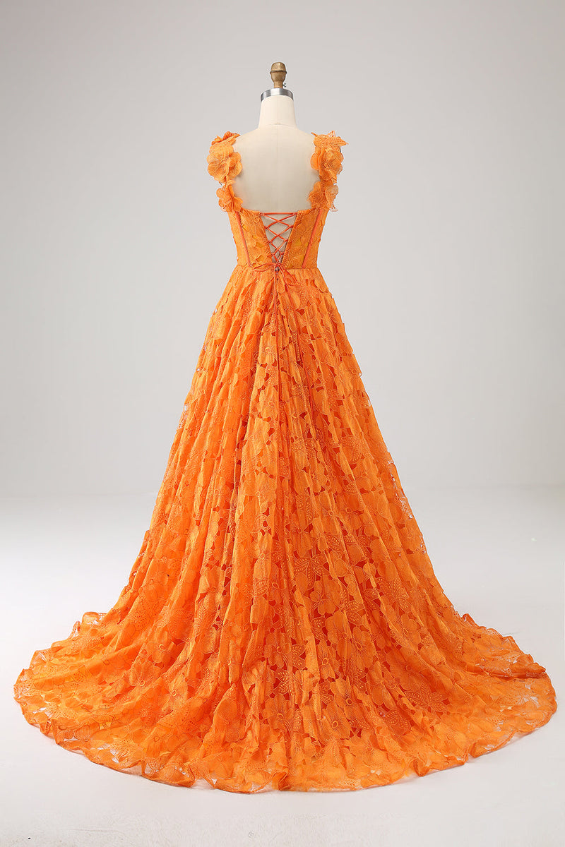 Load image into Gallery viewer, Orange A-Line Floral Lace Long Prom Dress