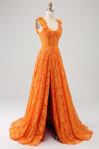 Orange A-Line Floral Lace Long Prom Dress