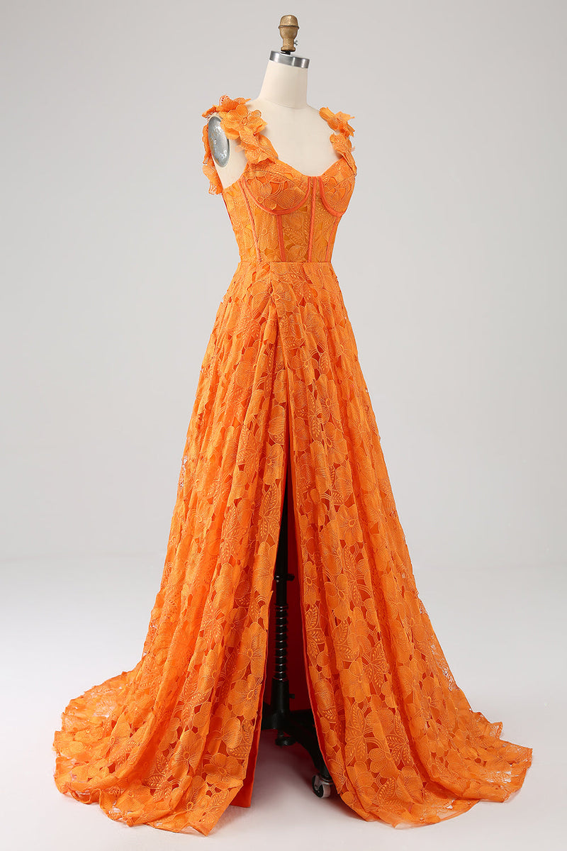 Load image into Gallery viewer, Orange A-Line Floral Lace Long Prom Dress