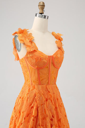 Orange A-Line Floral Lace Long Prom Dress