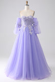 Lavender A-Line Strapless Tulle Long Prom Dress with Sleeves