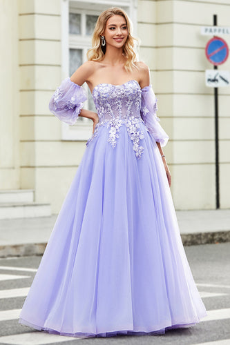 Gorgeous A Line Off the Shoulder Lavender Corset Prom Dress with Appliques
