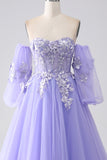 Lavender A-Line Strapless Tulle Long Prom Dress with Sleeves