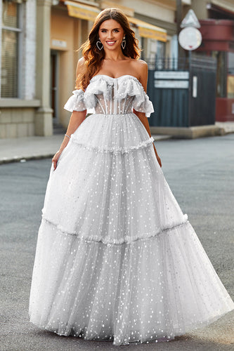 White Off the Shoulder Corset Polka Dots Long Prom Dress