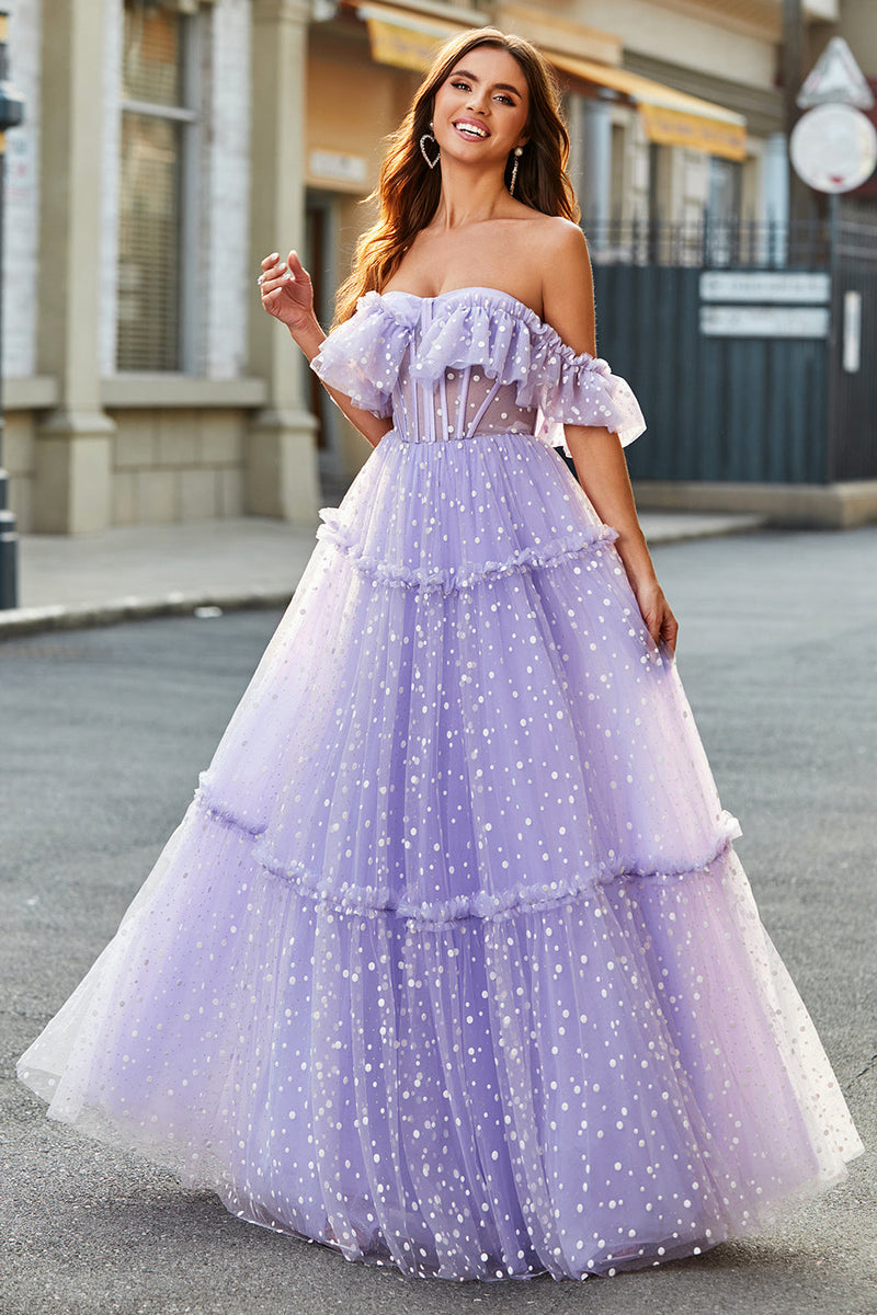 Load image into Gallery viewer, Off The Shoulder Lilac Corset A-Line Long Prom Dress