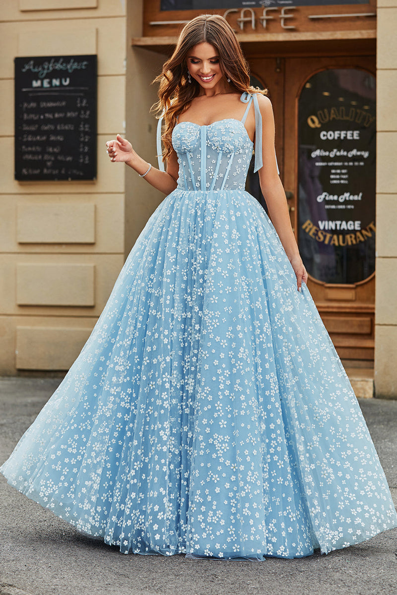 Load image into Gallery viewer, Spaghetti Straps Sky Blue A-Line Corset Prom Dress with Florals