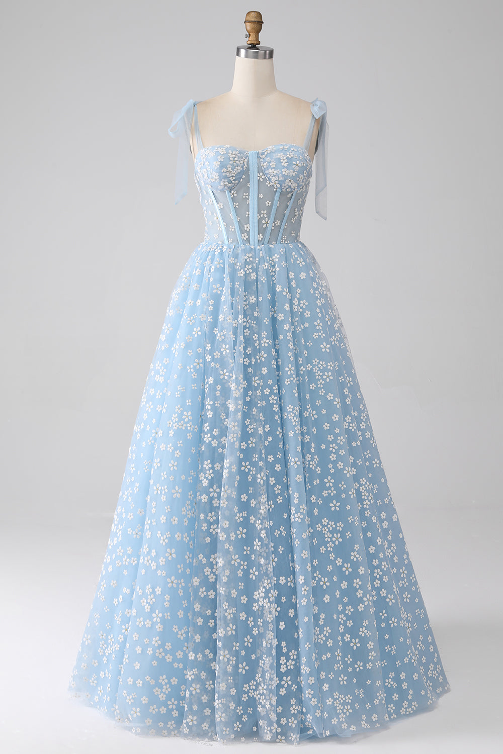 A-Line Spaghetti Straps Sky Blue Corset Prom Dress