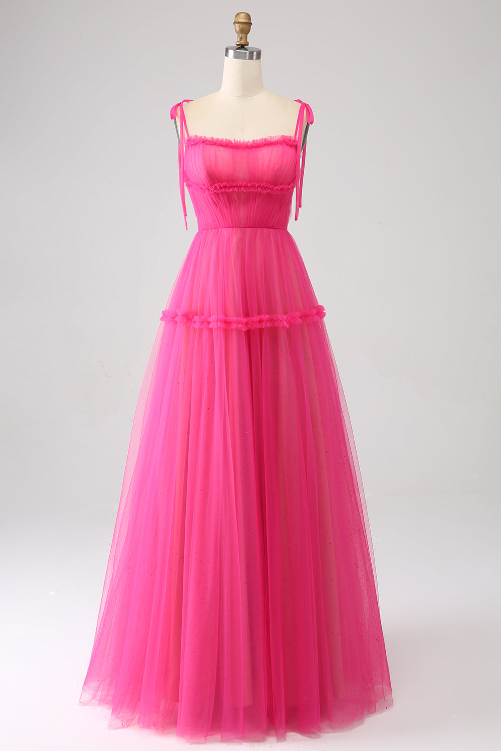 Fuchsia A-Line Ruffled Long Tulle Prom Dress