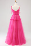 Fuchsia A-Line Ruffled Long Tulle Prom Dress