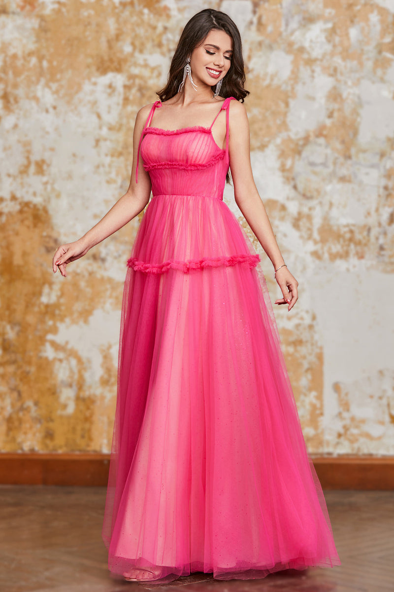 Load image into Gallery viewer, Princess A Line Spaghetti Straps Fuchsia Long Prom Dress with Ruffles