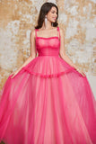 Princess A Line Spaghetti Straps Fuchsia Long Prom Dress with Ruffles