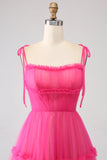 Fuchsia A-Line Ruffled Long Tulle Prom Dress