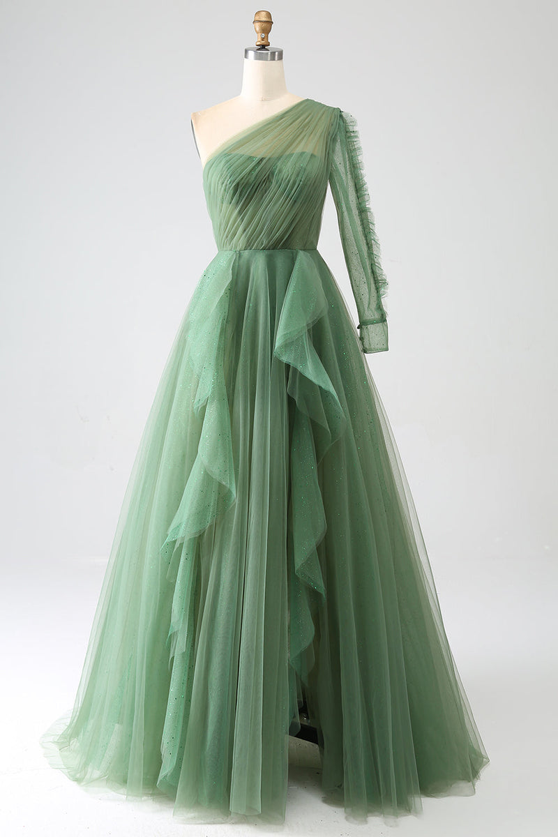 Load image into Gallery viewer, Dark Green A-Line One-Shoulder Long Prom Dress With Long Sleeves