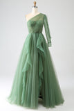 Dark Green A-Line One-Shoulder Long Prom Dress With Long Sleeves