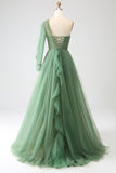 Dark Green A-Line One-Shoulder Long Prom Dress With Long Sleeves