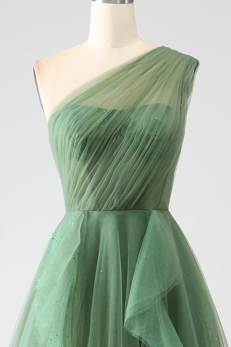 Load image into Gallery viewer, Dark Green Tulle A-Line One-Shoulder Long Prom Dress