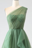 Dark Green Tulle A-Line One-Shoulder Long Prom Dress