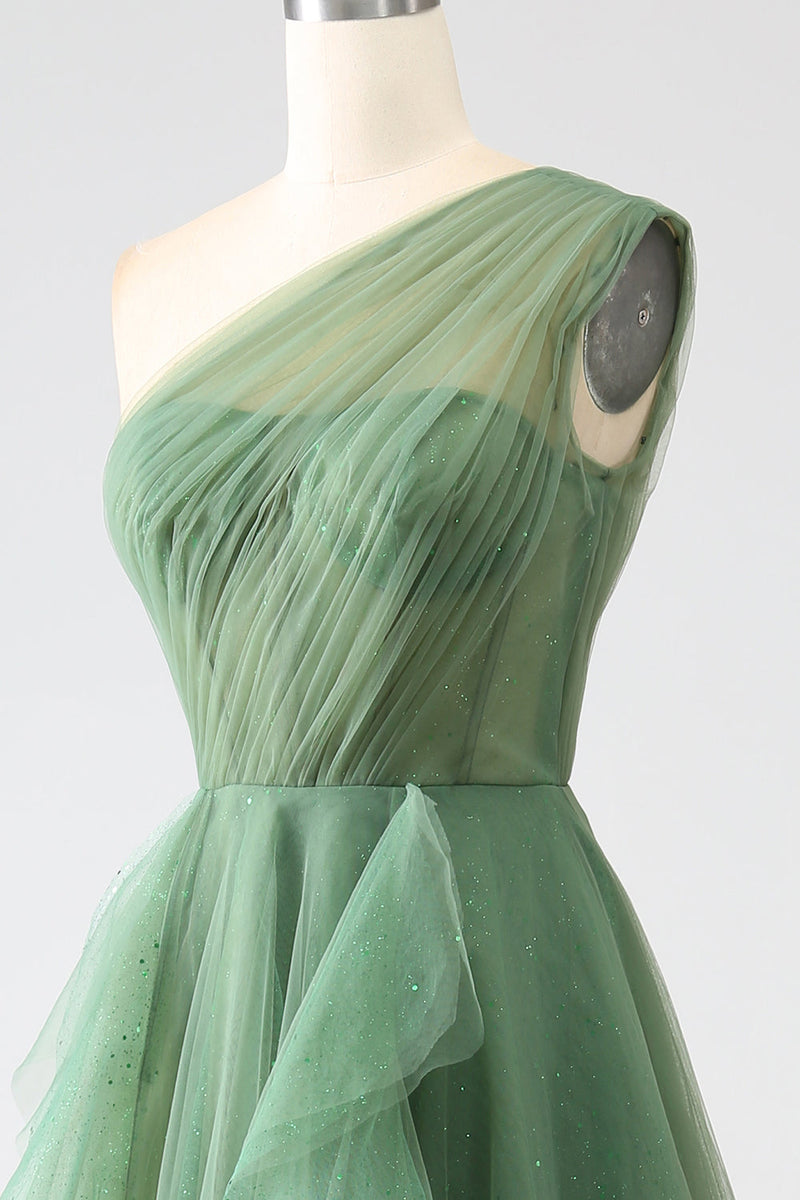 Load image into Gallery viewer, Dark Green Tulle A-Line One-Shoulder Long Prom Dress