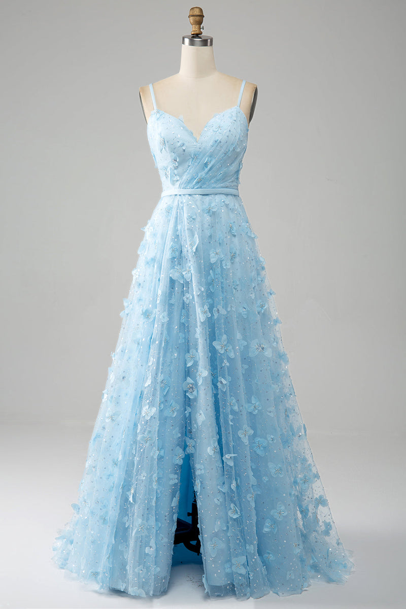 Load image into Gallery viewer, Sky Blue A Line Spaghetti Straps Sparkly Beaded Prom Dress with 3D Butterflies