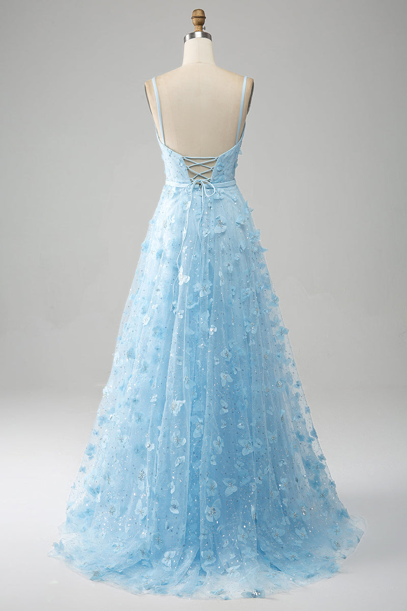 Load image into Gallery viewer, Sky Blue A Line Spaghetti Straps Sparkly Beaded Prom Dress with 3D Butterflies