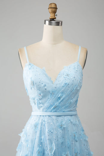 Sky Blue A Line Spaghetti Straps Sparkly Beaded Prom Dress with 3D Butterflies