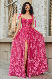 Spaghetti Straps Hot Pink A-Line Long Prom Dress with Slit