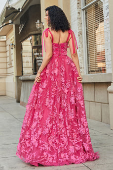 Spaghetti Straps Hot Pink A-Line Long Prom Dress with Slit